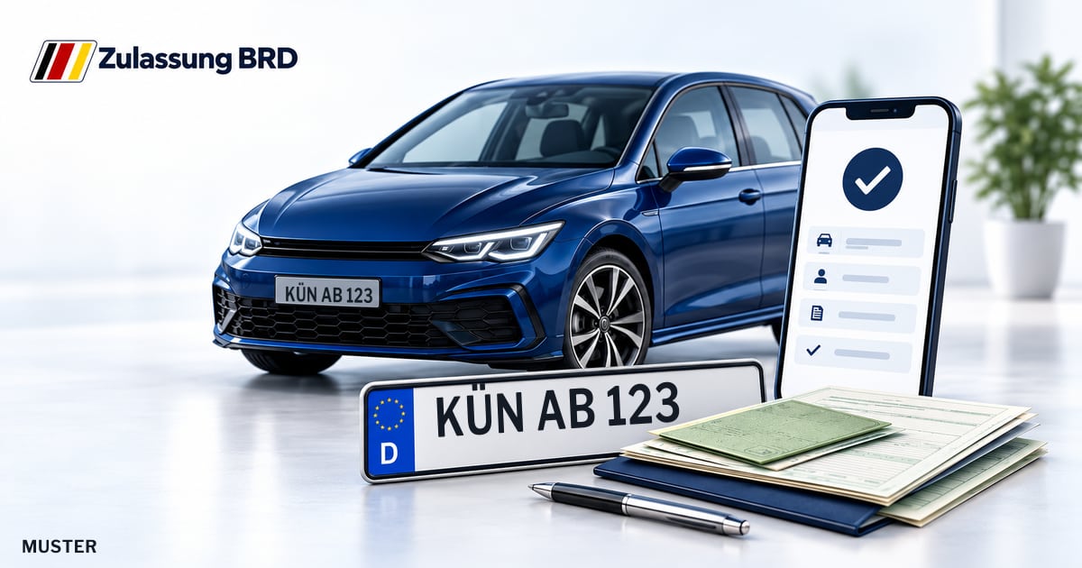 Online Fahrzeugzulassung in Künzelsau: Musterkennzeichen KÜN AB 123, Auto und Fahrzeugpapiere und Smartphone. Illustration mit Logo von Zulassung BRD.